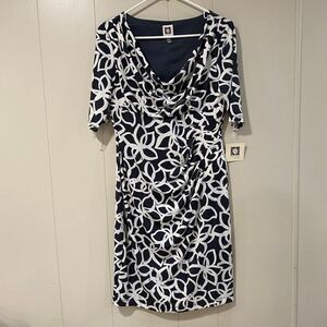 Anne Klein NWT Slate Light Cream Print Cowl Neck Ruched Dress Women’s Size 6 Mid